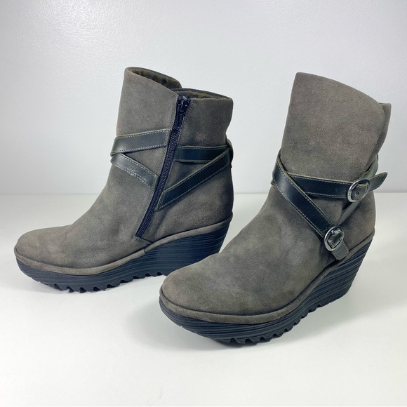 Fly London YEMO274FLY Sludge Gray Olive Suede Leather Wedge Ankle Boots 7.5 38 - Picture 13 of 14